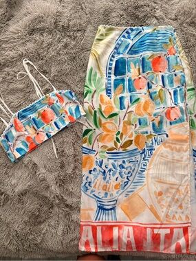 SHEIN Orange Blue Green Watercolor Print Skirt Set